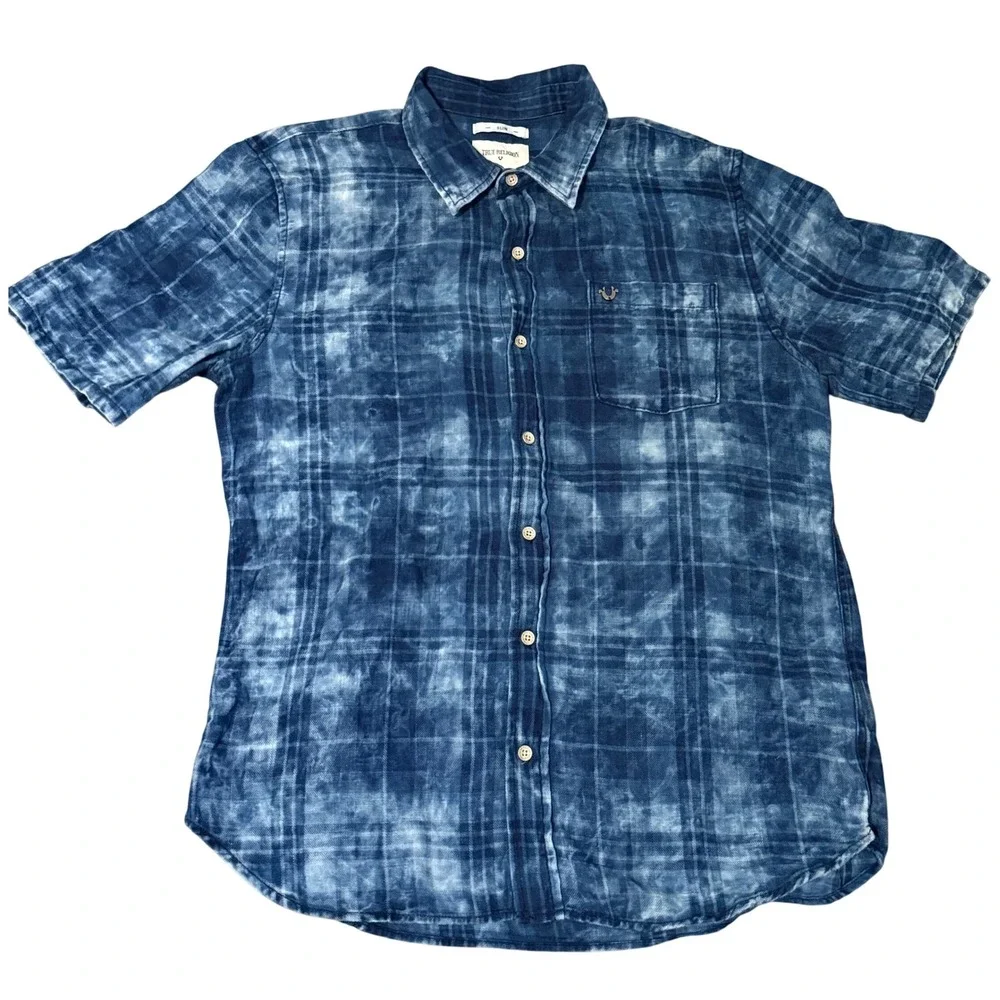 True Religion Mens Slim Fit Acid Wash Plaid Short Sleeve Button Down Shirt Large